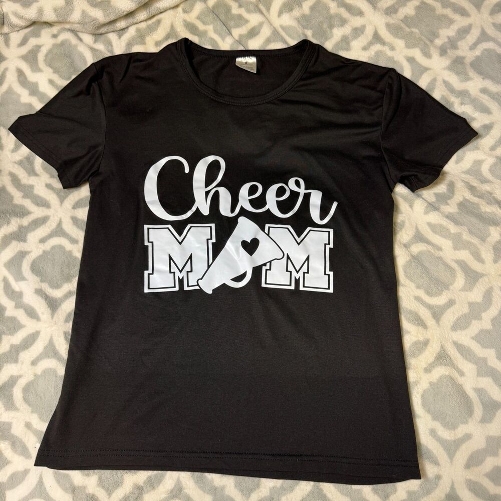 Cheer Mom Graphic T-Shirt Womens S Black Crew Neck Short Sleeve Cheerleading Tee